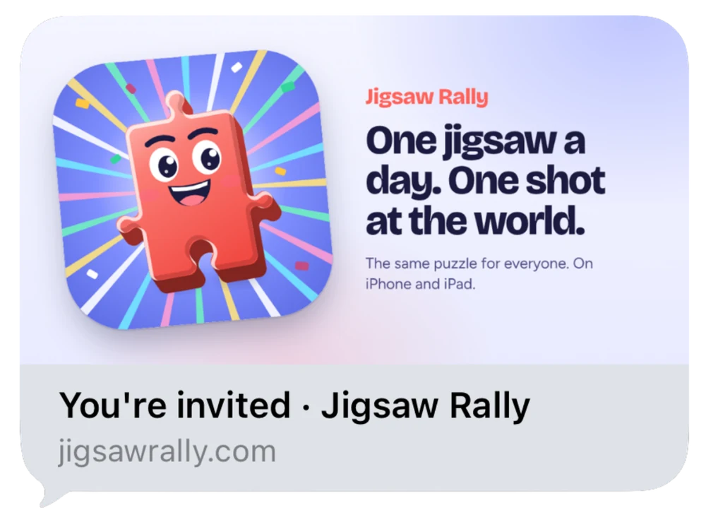 A race invite in Messages: You're invited, Jigsaw Rally