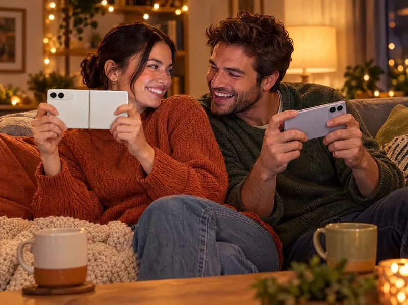 A couple on the couch, laughing as they race each other on their phones
