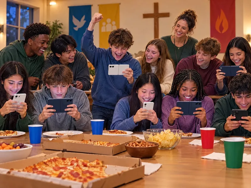 A youth group around pizza, one teen cheering as he finishes