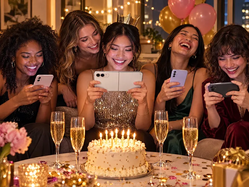 Friends at a birthday party racing on their phones around the cake