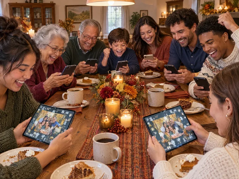 Three generations around a dinner table, racing the same family photo